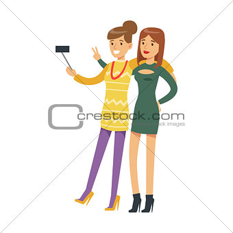 Two Girlfriends On High Heels Taking Selfie With A Stick, Part Of People At The Night Club Series Of Vector Illustrations