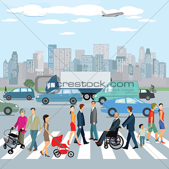 people walking on the crosswalk in the city.