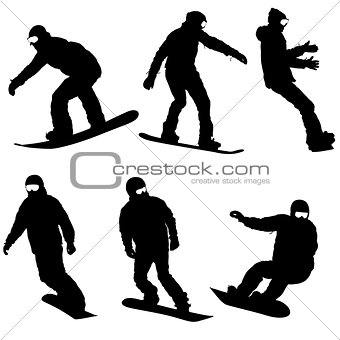 Set black silhouettes snowboarders on white background. Vector illustration