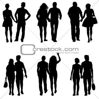 Set Couples man and woman silhouettes on a white background. Vector illustration