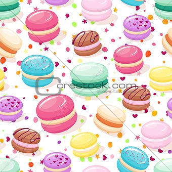 Seamless pattern with colorful macaroon cookies on white. Vector illustration.