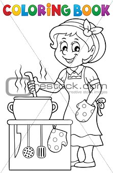 Coloring book happy female cook