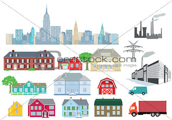 Houses and industry isolated on white