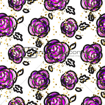 Purple sketch roses with gold glitter details pattern.