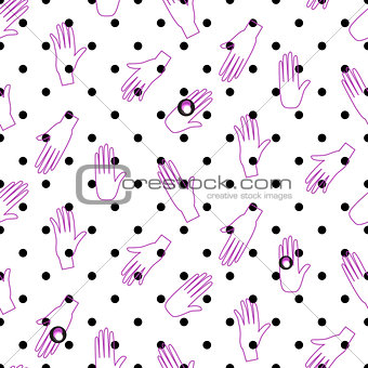 Hipster outline hands vector seamless polka dot pattern.