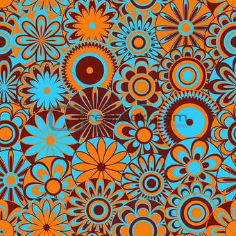 Flowers on seamless pattern in blue, orange and brown