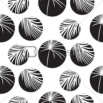 Silhouette circles and palm leaves black seamless vector pattern.