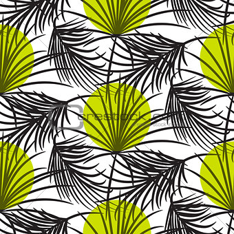 Gray palm leaves with green dots seamless vector pattern.