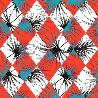 Palm leaves and harlequin rhombs seamless vector pattern.