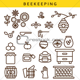 Beekeeping vector line icon set.
