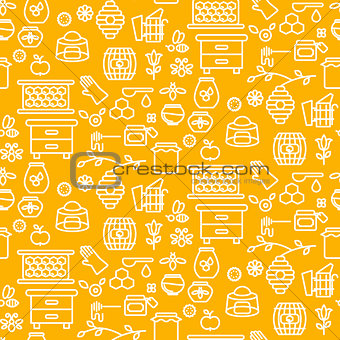 Honey outline icon seamless vector yellow pattern.