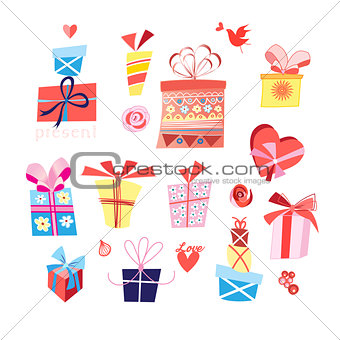 Vector set of bright gifts in boxes
