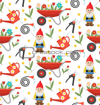Gardening seamless pattern with gnome, flowers and tools. Spring endless background. Horticulture texture, wallpaper. Cute backdrop. Vector illustration.