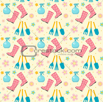 Gardening seamless pattern with garden tools. Spring endless backdrop. Horticulture texture, wallpaper. Cute summer background. Vector illustration.