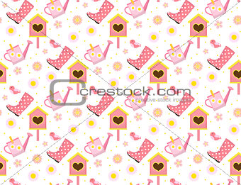 Spring seamless pattern with birds and starling house. Birdhouse endless background. Gardening texture, wallpaper. Cute kids backdrop. Vector illustration.