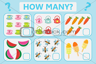 Childrens educational logic game. Mathematical task. How many. Vector illustration.