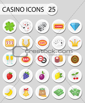 Casino icons stickers, flat style. Gambling set isolated on a white background. Poker, card games, one-armed bandit, roulette collection. Vector illustration.