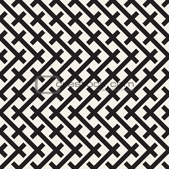 Weave Seamless Pattern. Braiding Background of Intersecting Stripes Lattice. Black and White Geometric Vector Illustration.