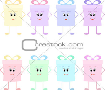 Funny gift boxes characters with bows