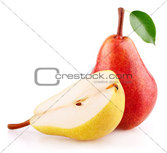 Red pear fruit with leaf and half of yellow pear