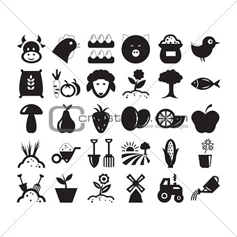 Flat black agriculture icon set
