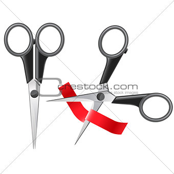 Office scissors cutting red ribbon - grand opening