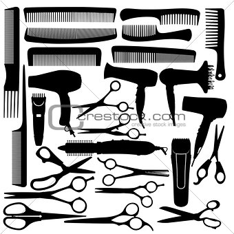 Barber hairdressing salon equipment - hairdryer, scissors and co