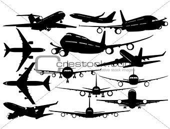 Silhouettes of passenger airliner - contours of airplanes