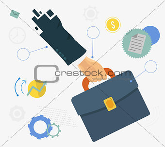 Hand holding briefcase with icons