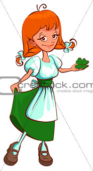 St. Patricks Day. Irish red haired girl holding clover leaf