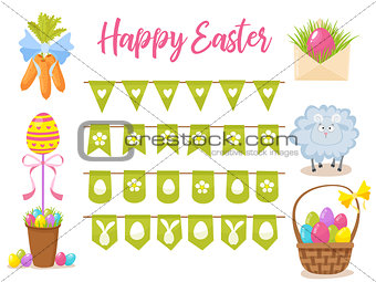Easter party decoration vector elements. Eggs garland ,lamb, basket with eggs, carrots bouquet, letter with easter congratulation and egg tree isolated on white background.