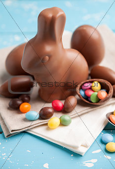 Delicious chocolate Easter bunny, eggs and sweets 