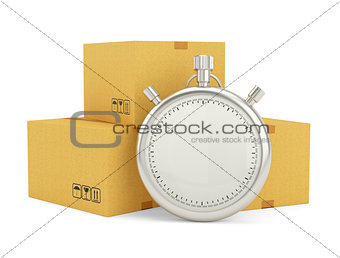 Stopwatch and package on white background