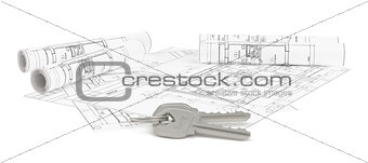 Closeup of keys on blueprint of new home