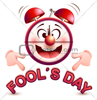 Fools day time. Fun clock show lettering text