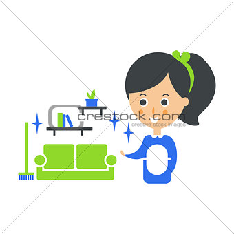 Cleanup Service Maid And Clean Living Room, Cleaning Company Infographic Illustration