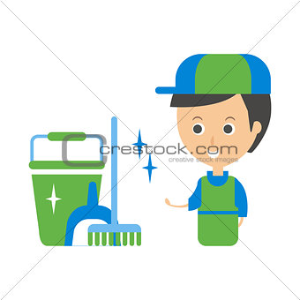 Cleanup Service Worker And Clean Floor, Cleaning Company Infographic Illustration