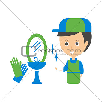 Cleanup Service Worker And Clean Bathroom Tap, Cleaning Company Infographic Illustration