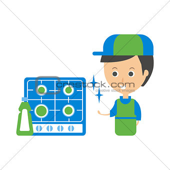 Cleanup Service Worker And Clean Stove, Cleaning Company Infographic Illustration