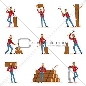 Classic American Lumberjack In Checkered Shirt Working Cutting And Chopping Wood With Cleaver And A Saw