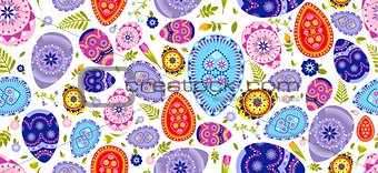 Seamless pattern Happy Easter background colored eggs, spring decoration, leave, tulip flower design element in flat style
