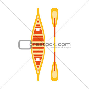 Yellow And Red Woden Canoe With Peddle, Part Of Boat And Water Sports Series Of Simple Flat Vector Illustrations