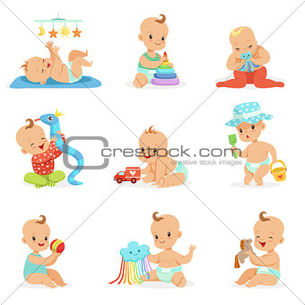 Adorable Girly Cartoon Babies Playing With Their Stuffed Toys And Development Tools Set Of Cute Happy Infants