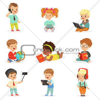 Small Kids Using Modern Gadgets And Reading Books, Childhood And Technology Series Of Cute Illustrations