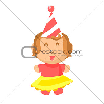 Small Happy Baby Girl In Party Hat And Yellow Skirt Standing Vector Simple Illustrations With Cute Infant
