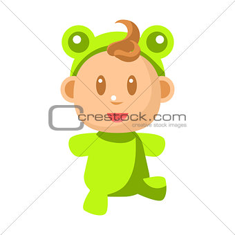 Small Happy Baby Walking In Green Frog Costume Vector Simple Illustrations With Cute Infant