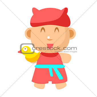 Small Happy Baby Standing In Red Gown With Toy Duck Going To Take A Bath Vector Simple Illustrations With Cute Infant