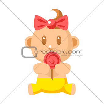 Small Happy Baby Girl In Yellow Pants Eating A Lollypop Vector Simple Illustrations With Cute Infant