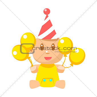 Small Happy Baby In Birthday Party Hat With Yellow Balloons Vector Simple Illustrations With Cute Infant