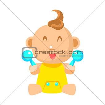 Small Happy Baby In Yellow Onesie With Two Toy Shakers Vector Simple Illustrations With Cute Infant